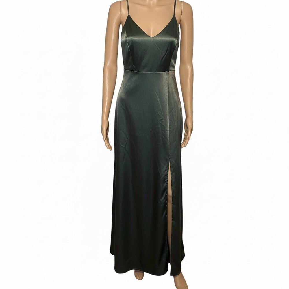 Birdy Grey Olive Satin Slip Maxi Dress V-Neck Low Back - XS